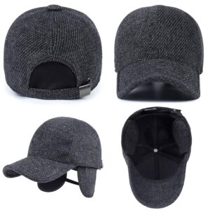 Winter Warm Outdoor Baseball Caps, Thermal Woolen Fabric Ball Hats, Adjustable Peaked Caps with Earmuffs, Outdoor Sport (Black)