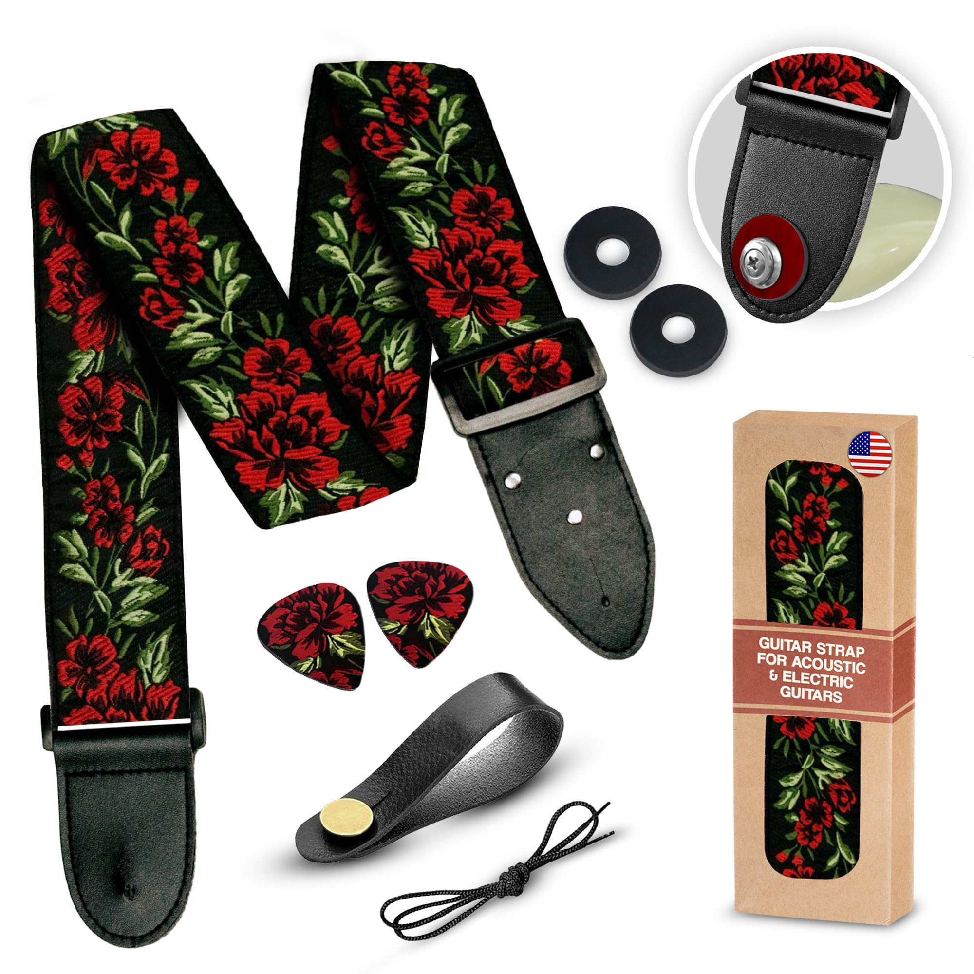 Art Tribute Guitar Strap Woven Adjustable W/FREE BONUS 2 Picks + Strap Locks + Strap Button. Rose Flowers Guitar Strap for Bass, Electric & Acoustic Guitar. Best Gift for Men & Women Guitar Players