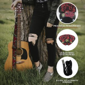 Art Tribute Guitar Strap Woven Adjustable W/FREE BONUS 2 Picks + Strap Locks + Strap Button. Rose Flowers Guitar Strap for Bass, Electric & Acoustic Guitar. Best Gift for Men & Women Guitar Players