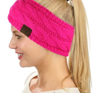 C.C Soft Stretch Winter Warm Cable Knit Fuzzy Lined Ear Warmer Headband, Neon Hot Pink