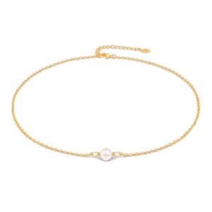 Aobei Pearl Single Cultured Pearl Choker 18K Gold Chain White Bead Necklace Layering Minimalist Jewelry for Women 15’’