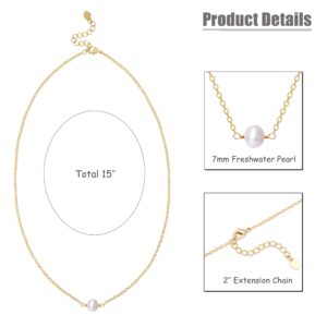 Aobei Pearl Single Cultured Pearl Choker 18K Gold Chain White Bead Necklace Layering Minimalist Jewelry for Women 15’’