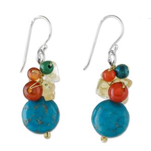 NOVICA Handmade 925 Sterling Silver Multigemstone Dangle Earrings Beaded from Thailand Carnelian Citrine Howlite Serpentine Cluster Birthstone [1.5 in L x 0.6 in W] 'Colorful Wonder'