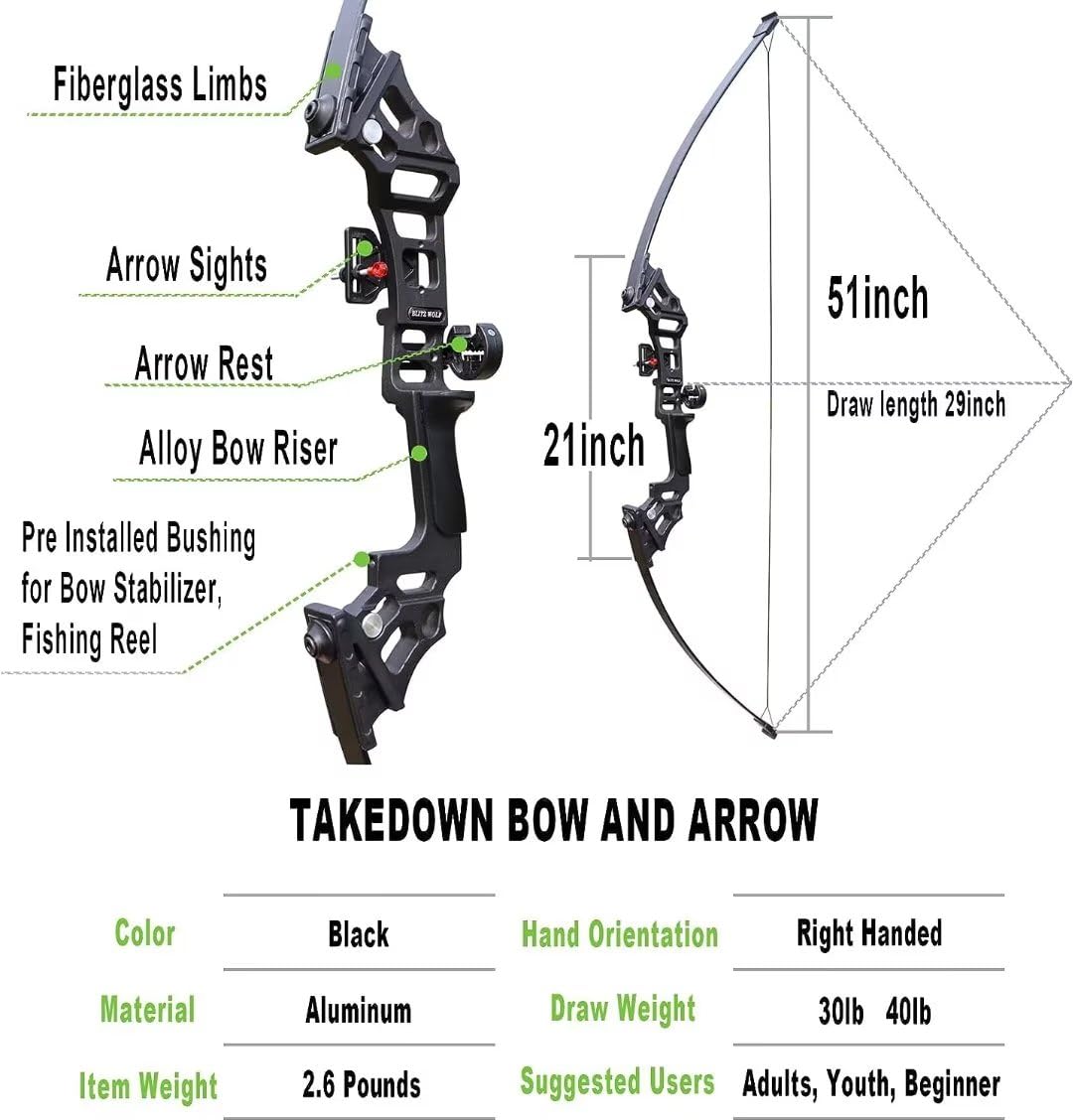 Archery Bows for Adults, Takedown Aluminum Alloy Riser Bow and Arrow Set for Adults Beginners, 30 40 Lbs Right Hand Archery Set with 12 Arrows Recurve Kit