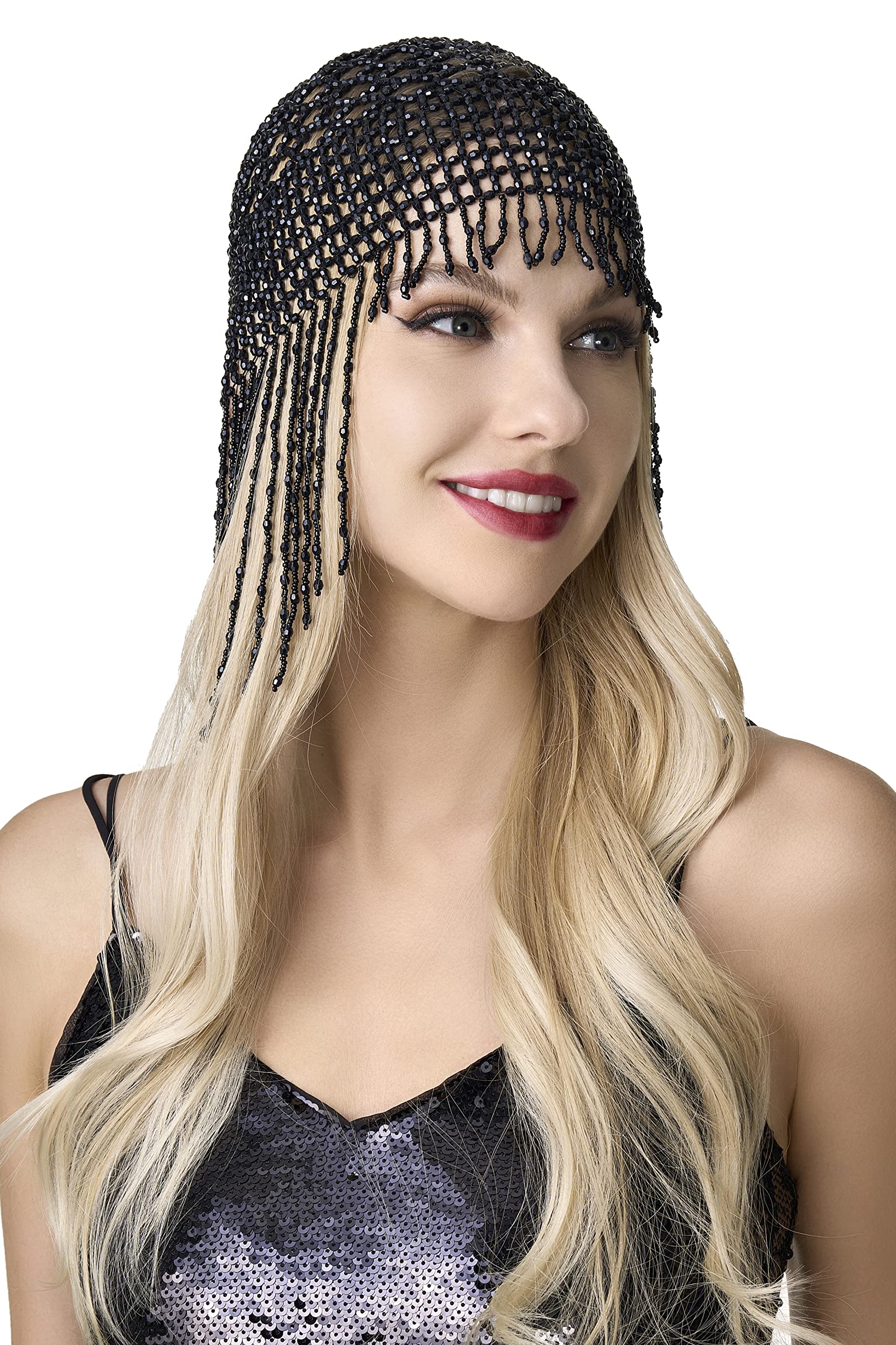 BABEYOND 1920s Beaded Cap Headpiece Roaring 20s Beaded Flapper Headpiece Belly Dance Cap Exotic Cleopatra Headpiece for Gatsby Themed Party (Black)