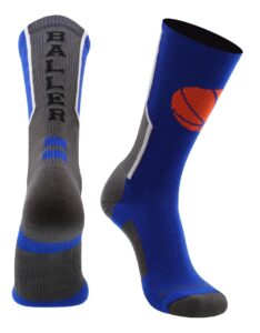 madsportsstuff baller basketball logo crew socks (royal/white, small)