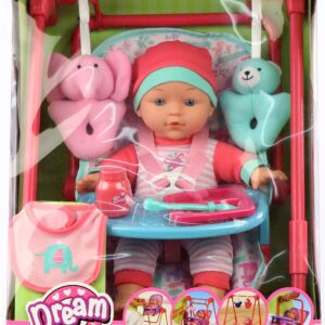 Dream Collection, Baby Doll 4-in-1 High Chair Play Set - Lifelike Baby Doll and Accessories for Realistic Pretend Play, Posable Soft Toy - 12”