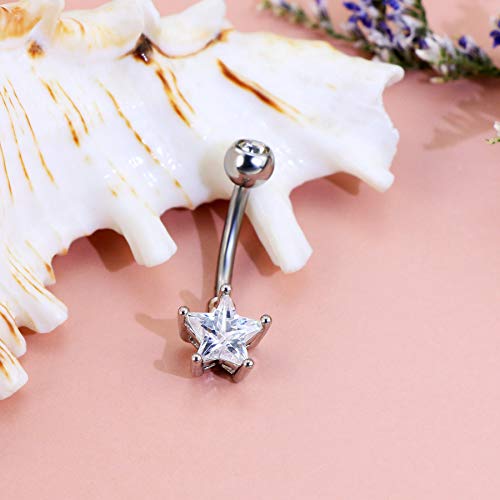 COCHARM 14G Dainty Belly Button Rings Clear Star CZ Belly Navel Rings 316L Stainless Steel Belly Piercing Jewelry