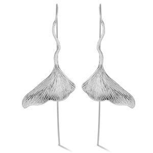 Lotus Fun S925 Sterling Silver Drop Earrings Vintage Ginkgo Leaf Dangle Earrings Handmade Unique Jewelry for Women (Silver)