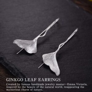 Lotus Fun S925 Sterling Silver Drop Earrings Vintage Ginkgo Leaf Dangle Earrings Handmade Unique Jewelry for Women (Silver)