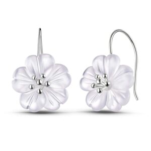 lotus fun s925 sterling silver drop earrings flower in the rain simulated crystal dangle earrings cherry earring handmade unique jewelry gifts for women and girls(silver)