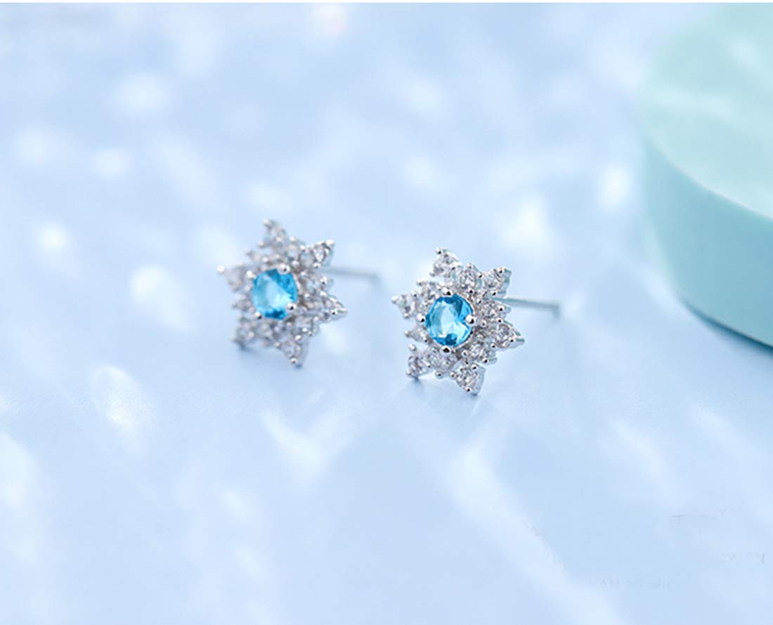 SLUYNZ 925 Sterling Silver Sparkling Blue Crystal Snowflake Studs Earrings for Women Pretty Snowflake Earrings Studs (A-Silver)