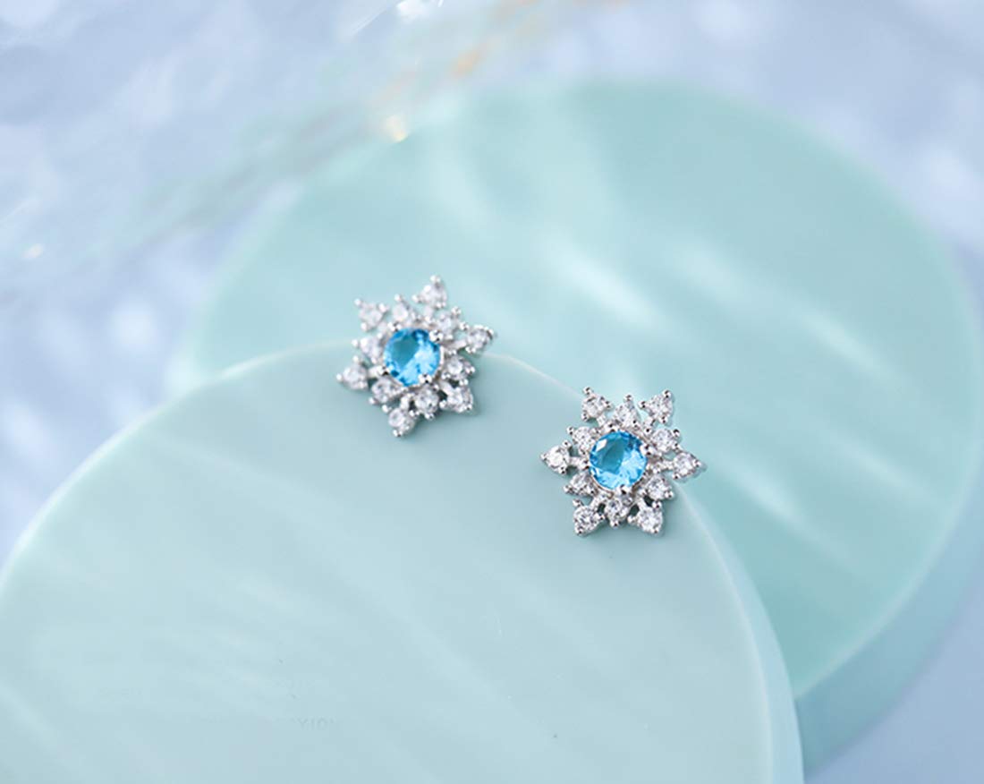 SLUYNZ 925 Sterling Silver Sparkling Blue Crystal Snowflake Studs Earrings for Women Pretty Snowflake Earrings Studs (A-Silver)