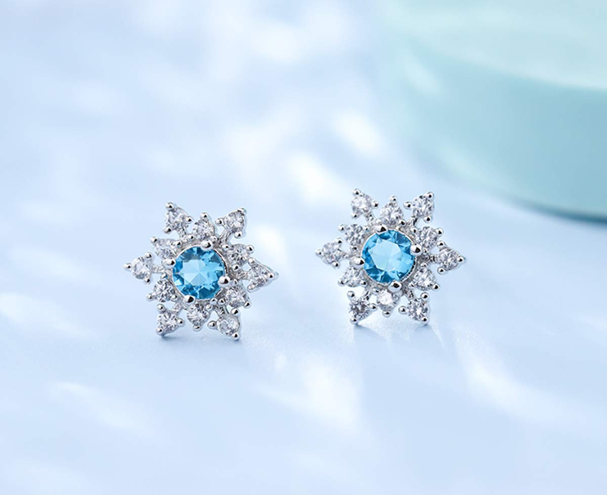 SLUYNZ 925 Sterling Silver Sparkling Blue Crystal Snowflake Studs Earrings for Women Pretty Snowflake Earrings Studs (A-Silver)