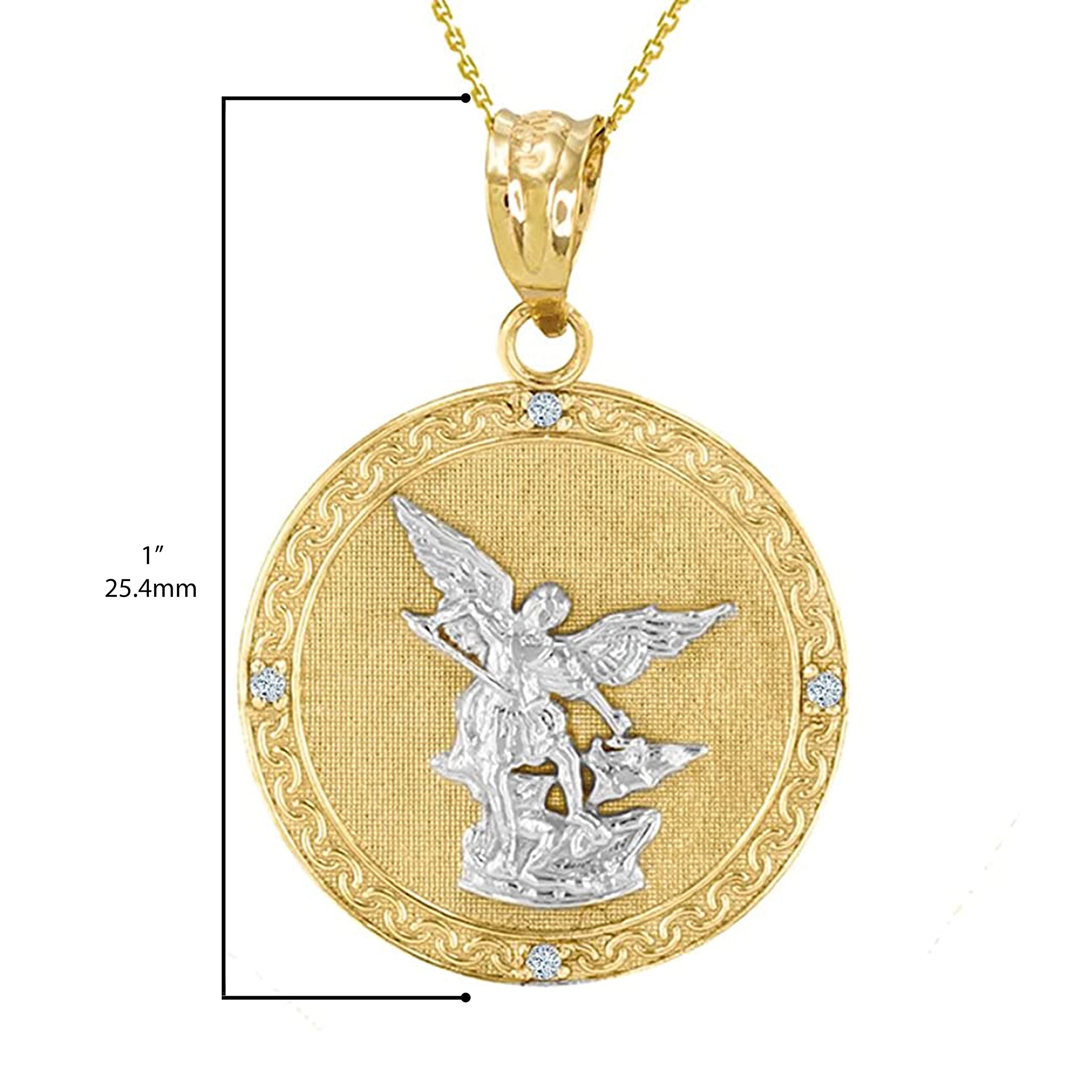 14k Gold Saint Michael Diamond Medal Charm Pendant (White-and-yellow-gold), 1"