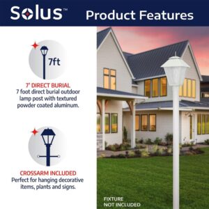 Solus SP7-WH 7' Outdoor Direct Burial Lamp Post with Cross Arm, Fits Most Standard 3" Post Top Fixtures, Includes Inlet Hole, Easy to Install, Corrosion & Weather Resistant, White