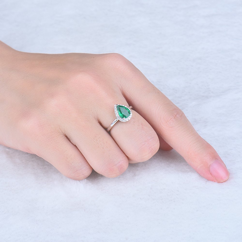 Lanmi 14K White Gold Natural Green Emerald Rings Brilliant Diamond Engagement Wedding for Women Promotion