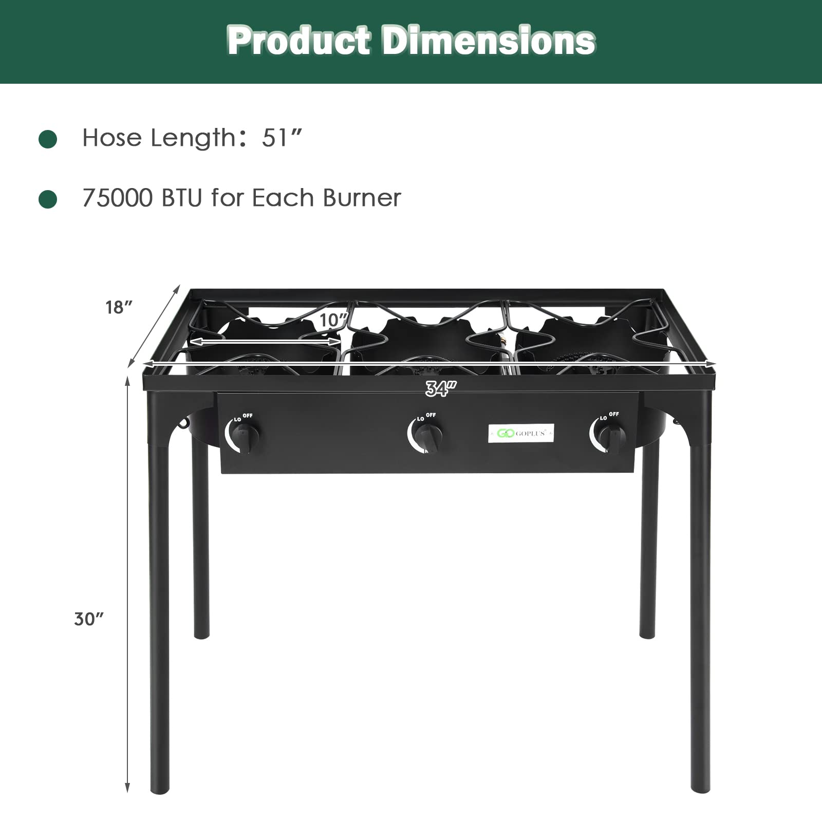 Goplus Outdoor Camping Stove, 3 Burner Propane Gas Cooker w/Detachable Legs & CSA Regulator & 0-20 PSI Regulator for Camp Paito RV, Cast Iron, 225,000-BTU