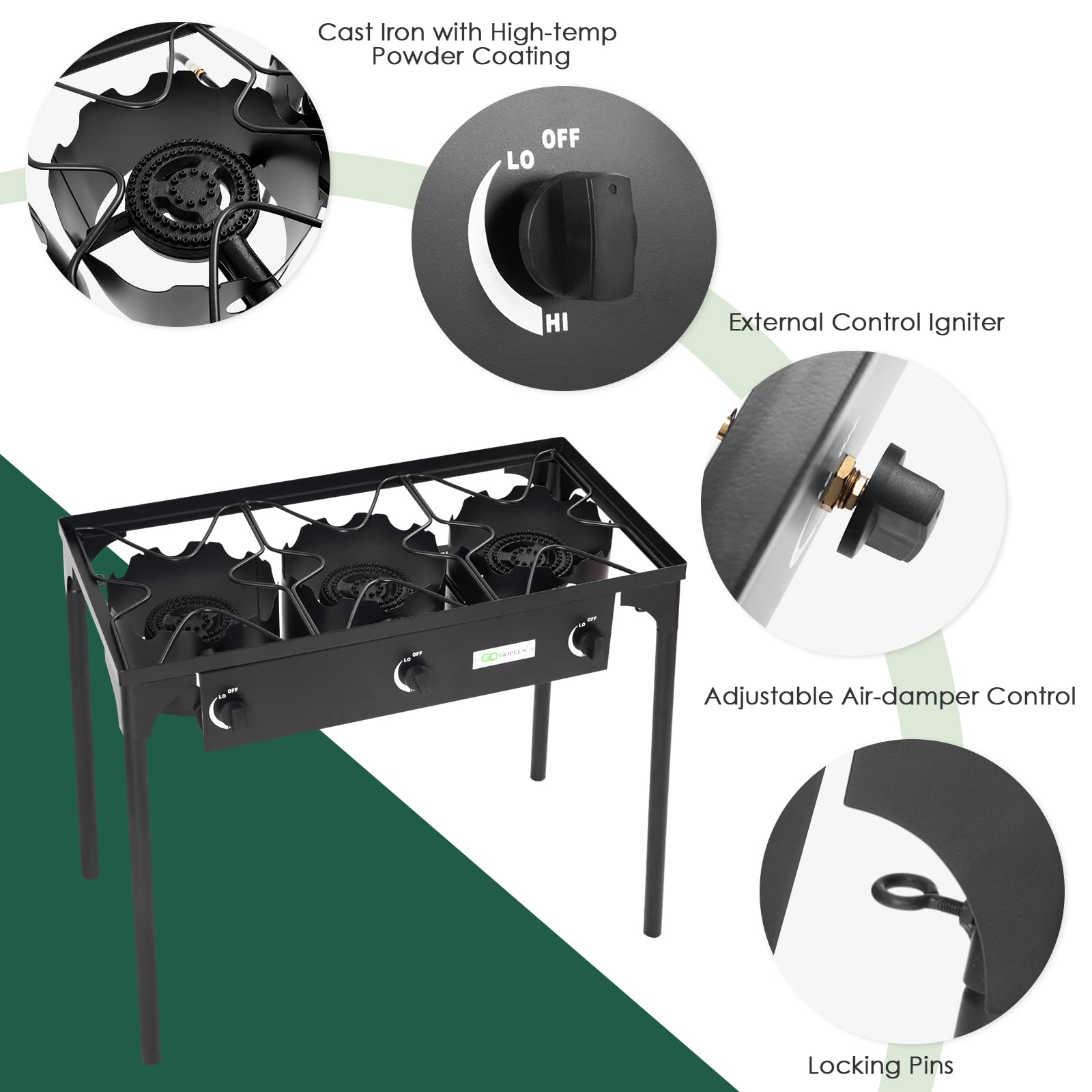 Goplus Outdoor Camping Stove, 3 Burner Propane Gas Cooker w/Detachable Legs & CSA Regulator & 0-20 PSI Regulator for Camp Paito RV, Cast Iron, 225,000-BTU