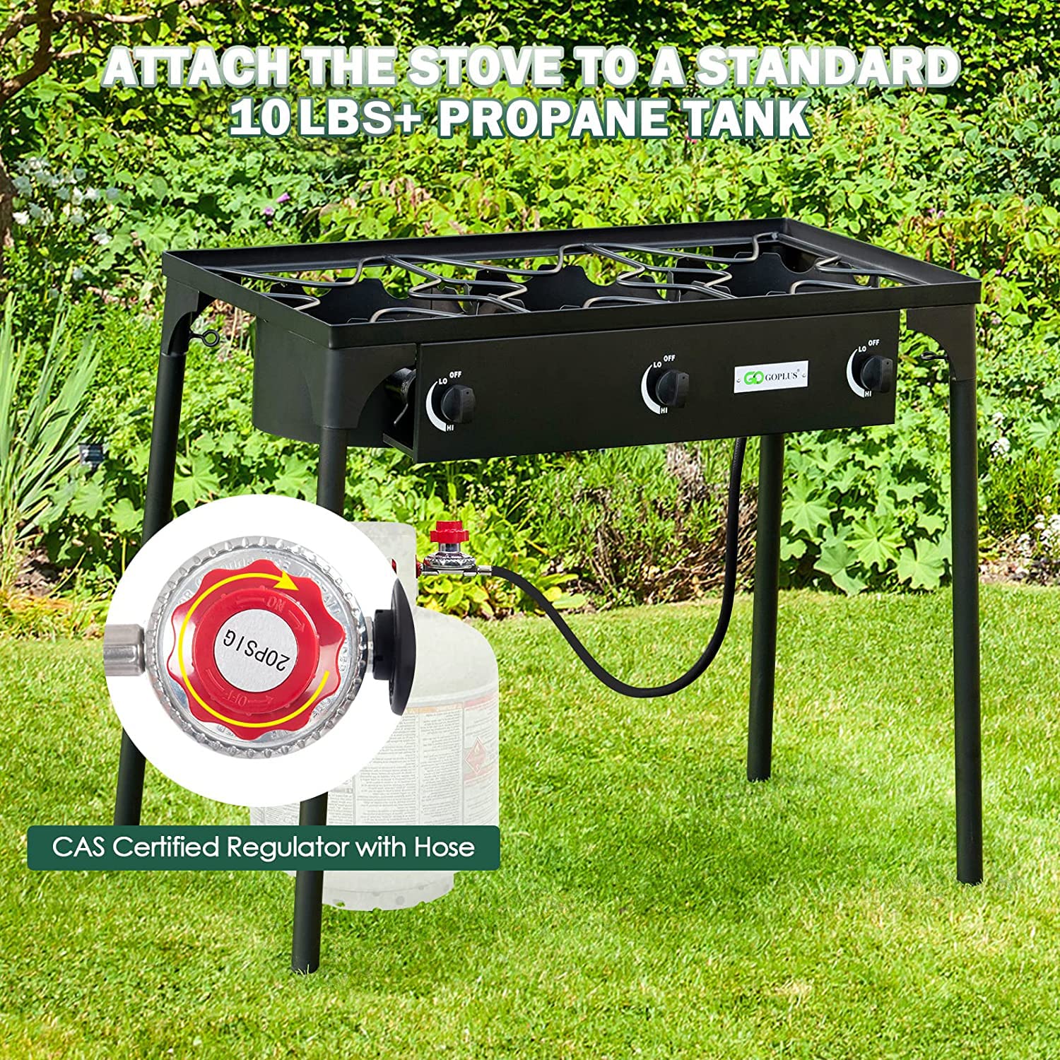 Goplus Outdoor Camping Stove, 3 Burner Propane Gas Cooker w/Detachable Legs & CSA Regulator & 0-20 PSI Regulator for Camp Paito RV, Cast Iron, 225,000-BTU