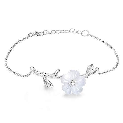 Lotus Fun S925 Sterling Silver Bracelet Simulated Crystal Flower in the Rain Adjustable Bracelets with Chain length 6.5''-8.66'', Handmade Unique Jewelry for Women and Girls (Transparent)