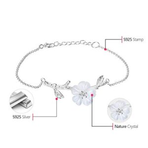 Lotus Fun S925 Sterling Silver Bracelet Simulated Crystal Flower in the Rain Adjustable Bracelets with Chain length 6.5''-8.66'', Handmade Unique Jewelry for Women and Girls (Transparent)