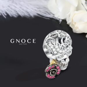 GNOCE "Skull Love Rose Charm Bead Sterling Silver Skull Charm With CZs fit for Bracelet/Necklace Christmas Charm Gift For Wife Girlfriend Skull Lovers