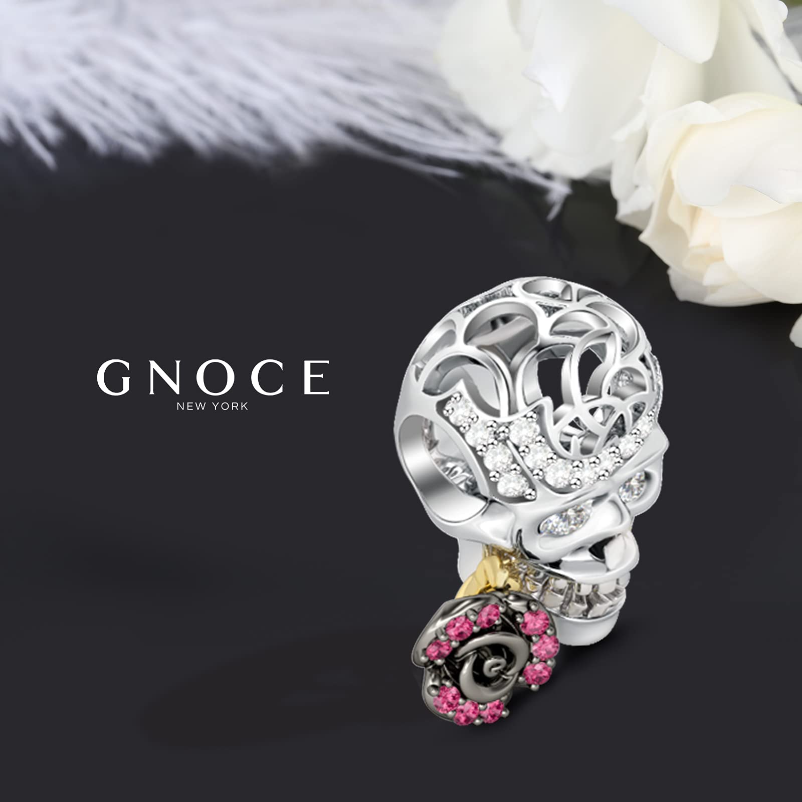 GNOCE "Skull Love Rose Charm Bead Sterling Silver Skull Charm With CZs fit for Bracelet/Necklace Christmas Charm Gift For Wife Girlfriend Skull Lovers