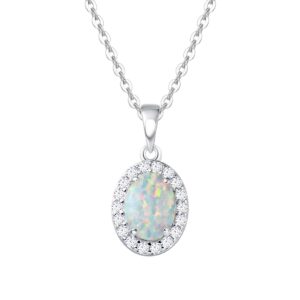 FANCIME 925 Sterling Silver Oval Necklace White Created Opal Pendant Delicate Cubic Zirconia Jewelry Mother's Day Gifts for Women 16"+2"