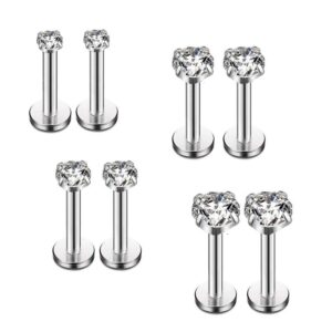 16G Diamond CZ Lip Rings Labret Monroe Nose Tragus Helix Ear Piercing Jewelry Surgical Stainless Steel 2mm 3mm 4mm 5mm CZ 4-8 Pcs 8mm Bar (4 Pairs Steel - Bar 8mm; CZ:2-5mm)