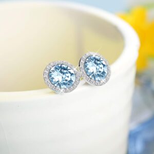 KesaPlan Sterling Silver Crystals Stud Earrings for Women, Made of Austria Crystals, Round-Cut Rhinestone Halo Bridal Earring Hypoallergenic Blue