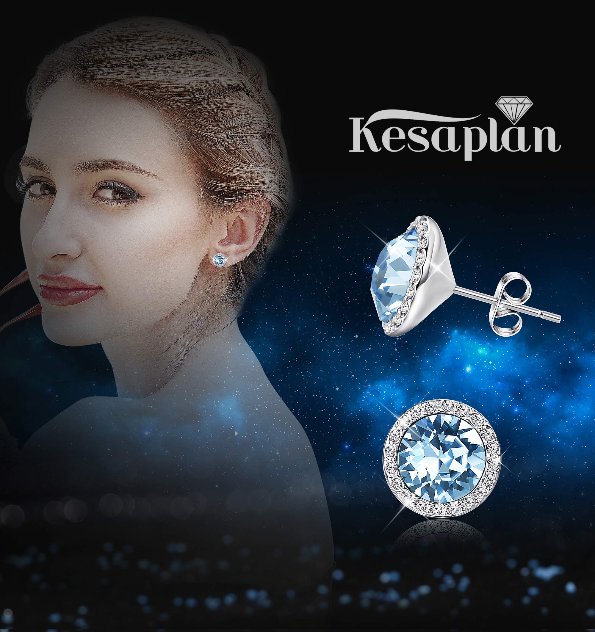 KesaPlan Sterling Silver Crystals Stud Earrings for Women, Made of Austria Crystals, Round-Cut Rhinestone Halo Bridal Earring Hypoallergenic Blue