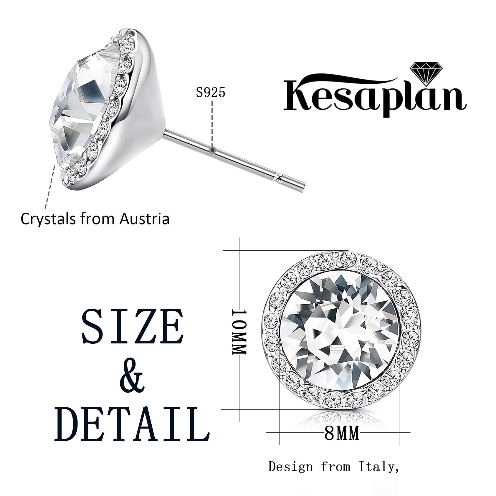 KesaPlan Sterling Silver Crystals Stud Earrings for Women, Made of Austria Crystals, Round-Cut Rhinestone Halo Bridal Earring Hypoallergenic White