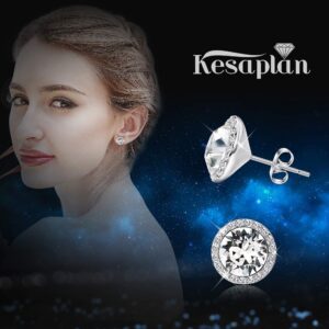 KesaPlan Sterling Silver Crystals Stud Earrings for Women, Made of Austria Crystals, Round-Cut Rhinestone Halo Bridal Earring Hypoallergenic White