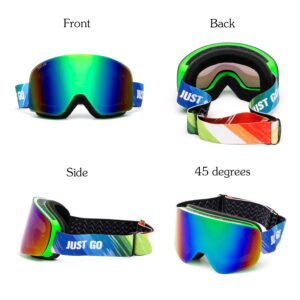 JUST GO Ski Goggles for Skiing Dual-Layer Anti-Fog 100% UV Protection lens Snowboard Goggles, Green Frame/Green Revo Lens (VLT 23.8%)