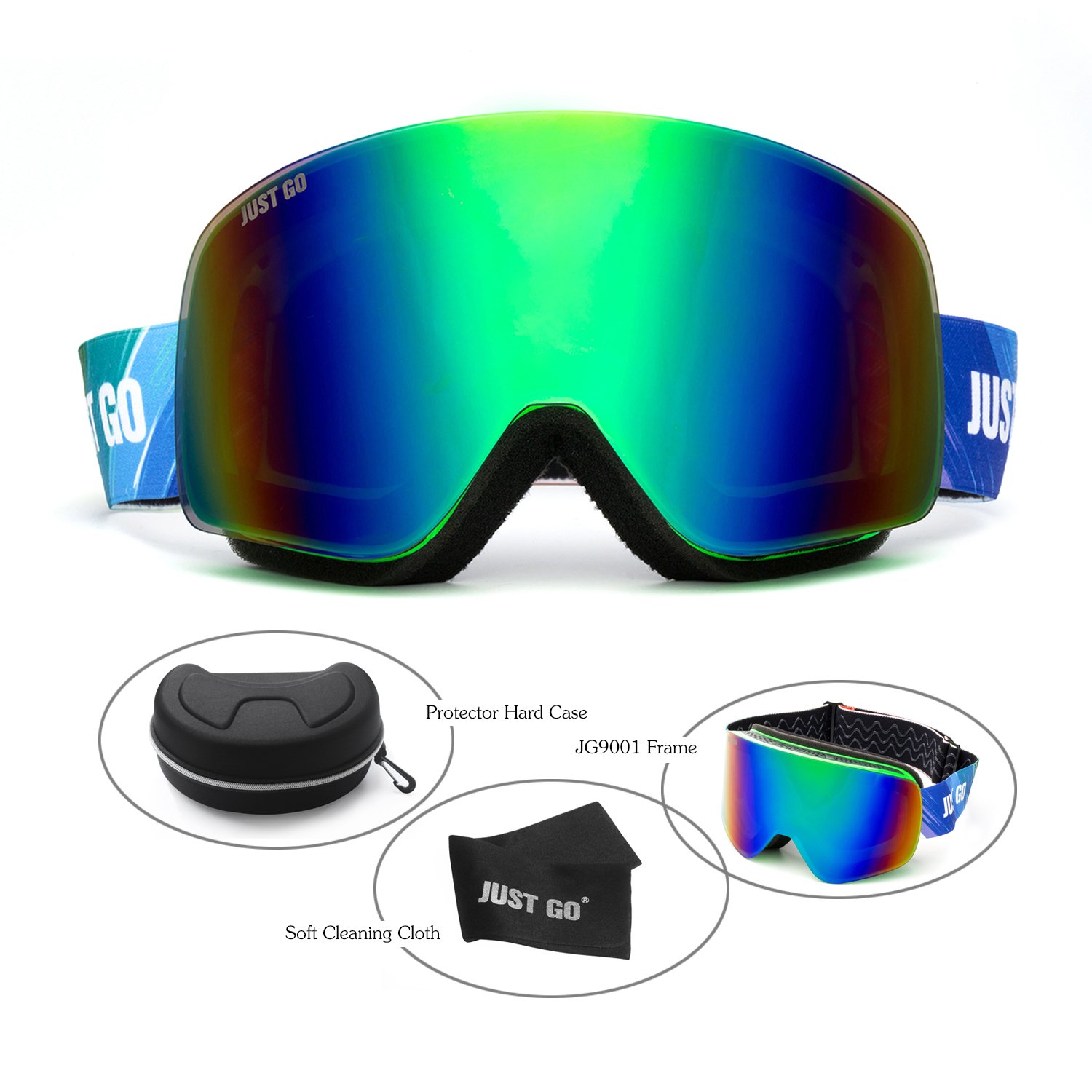 JUST GO Ski Goggles for Skiing Dual-Layer Anti-Fog 100% UV Protection lens Snowboard Goggles, Green Frame/Green Revo Lens (VLT 23.8%)