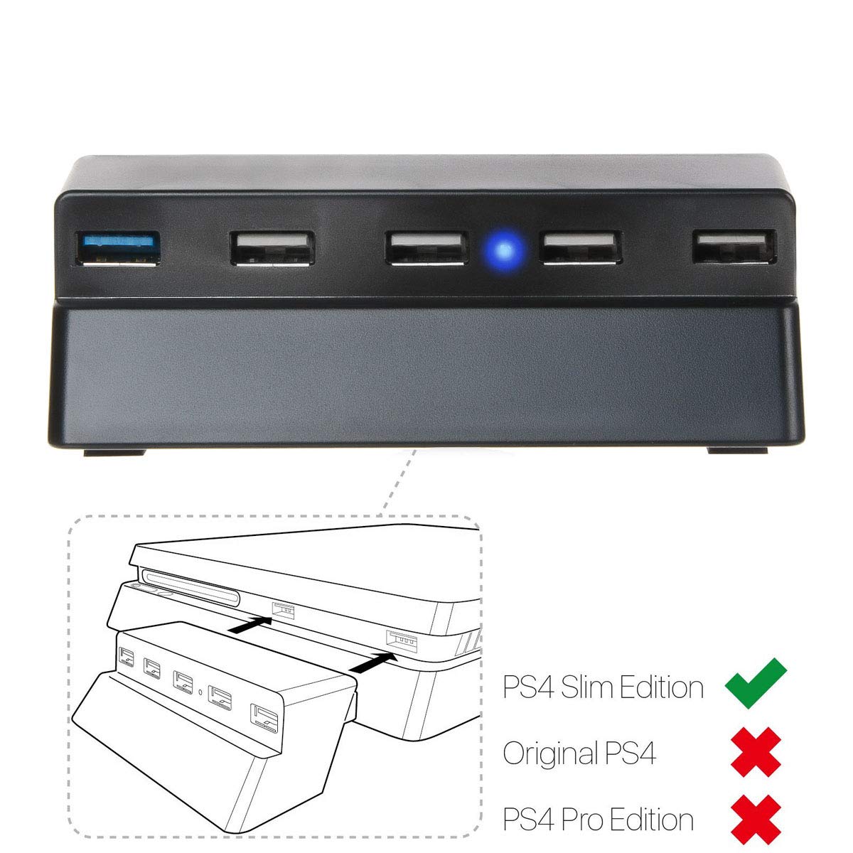 5 Port USB HUB for PS4 Slim Only, VSEER USB 3.0/2.0 High Speed Charger Controller Splitter Expander for PS4 Slim