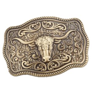 kokungkuan men's western cowboy style antique brass casual buckle 1.6"(40mm) for 1.5"(38mm) belt (foliage scroll cow)