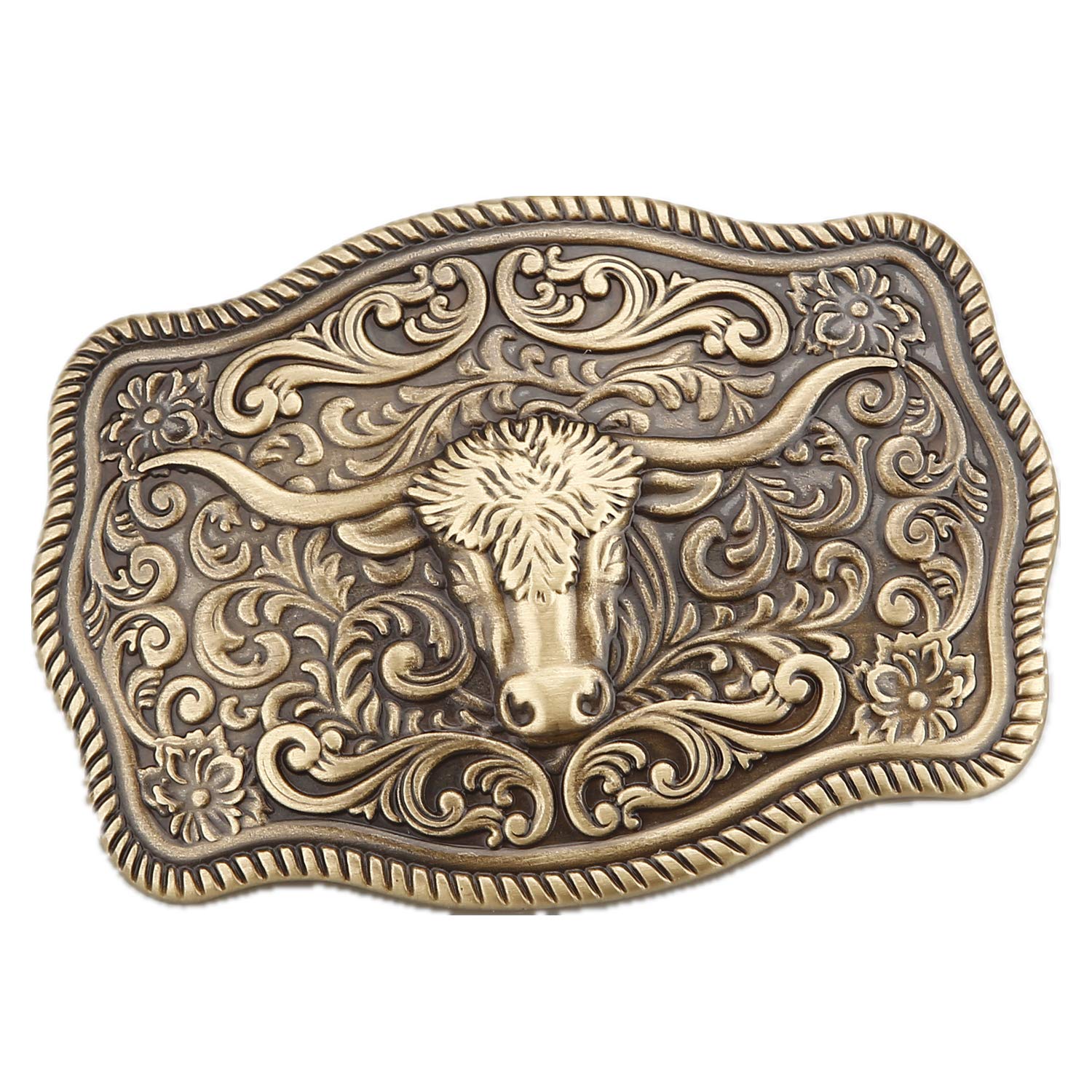 kokungkuan Men's western cowboy style Antique Brass Casual buckle 1.6"(40mm) for 1.5"(38mm) Belt (foliage scroll cow)