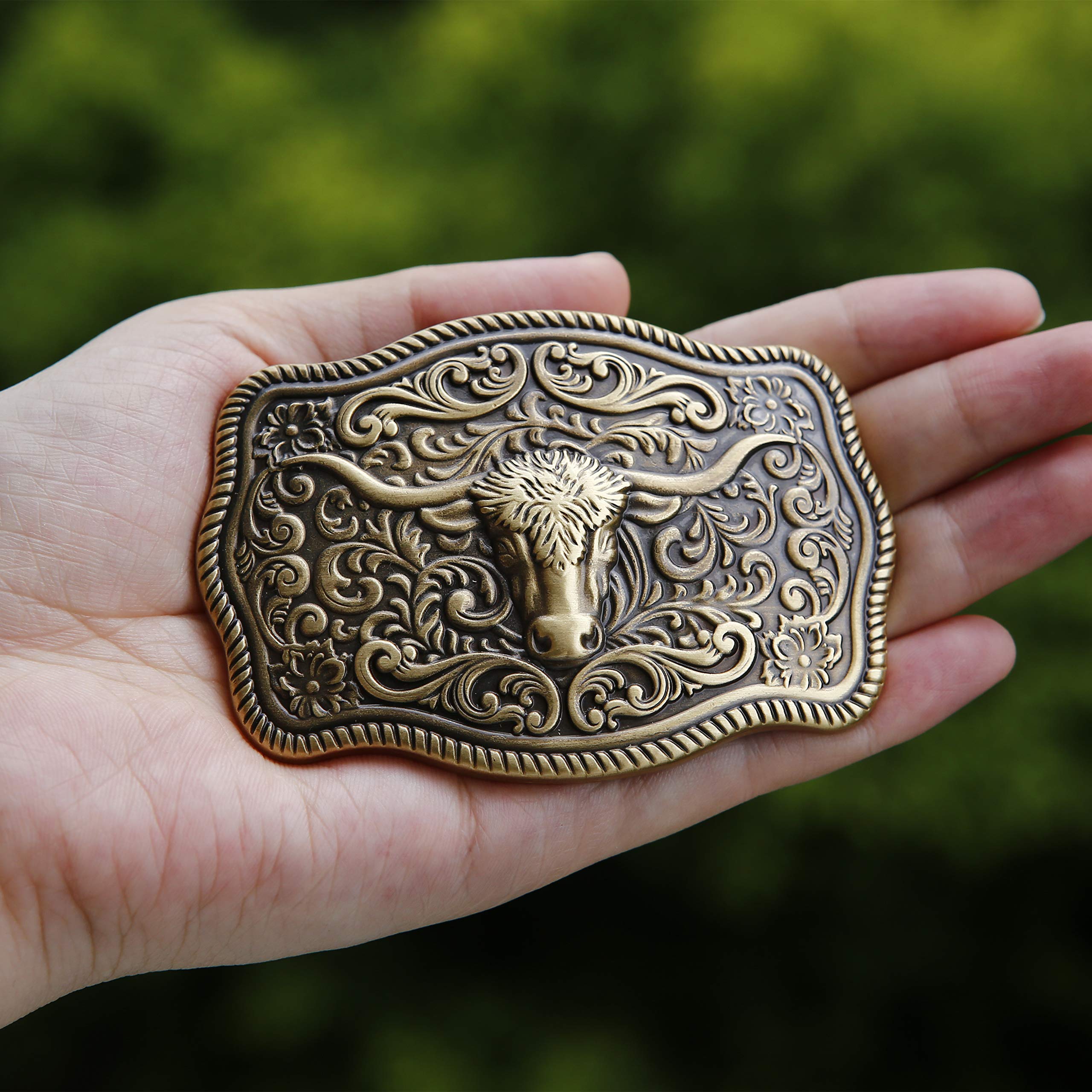 kokungkuan Men's western cowboy style Antique Brass Casual buckle 1.6"(40mm) for 1.5"(38mm) Belt (foliage scroll cow)