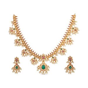 tarinika gold-plated brass premal antique indian jewelry necklace set for women | indian traditional | 1-year warranty | cz stones(white,red,green), metal