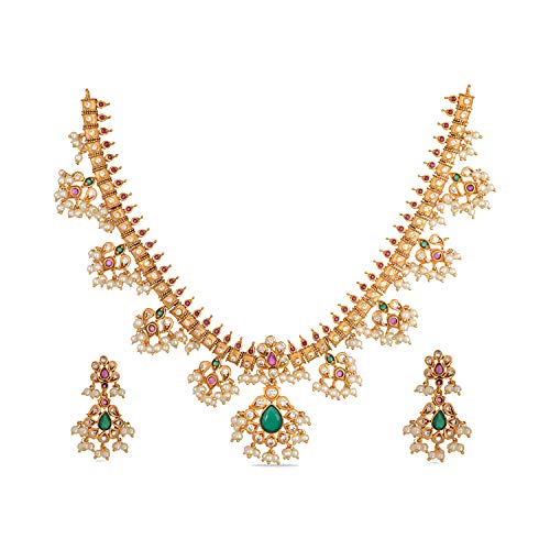 TARINIKA Gold-plated Brass Premal Antique Indian Jewelry Necklace Set for Women | Indian traditional | 1-Year Warranty | CZ Stones(White,Red,Green), Metal