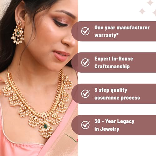 TARINIKA Gold-plated Brass Premal Antique Indian Jewelry Necklace Set for Women | Indian traditional | 1-Year Warranty | CZ Stones(White,Red,Green), Metal