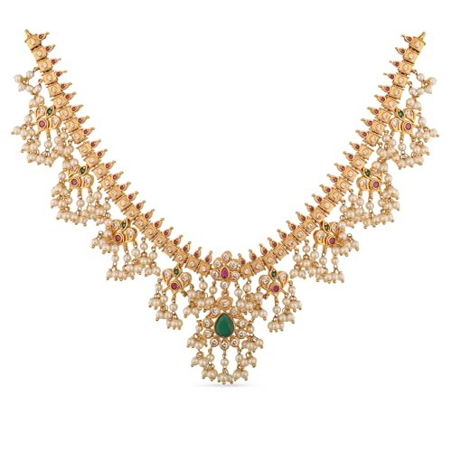 TARINIKA Gold-plated Brass Premal Antique Indian Jewelry Necklace Set for Women | Indian traditional | 1-Year Warranty | CZ Stones(White,Red,Green), Metal