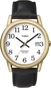 timex t2h291 men's indiglo easy reader gold tone white dial leather band analog watch