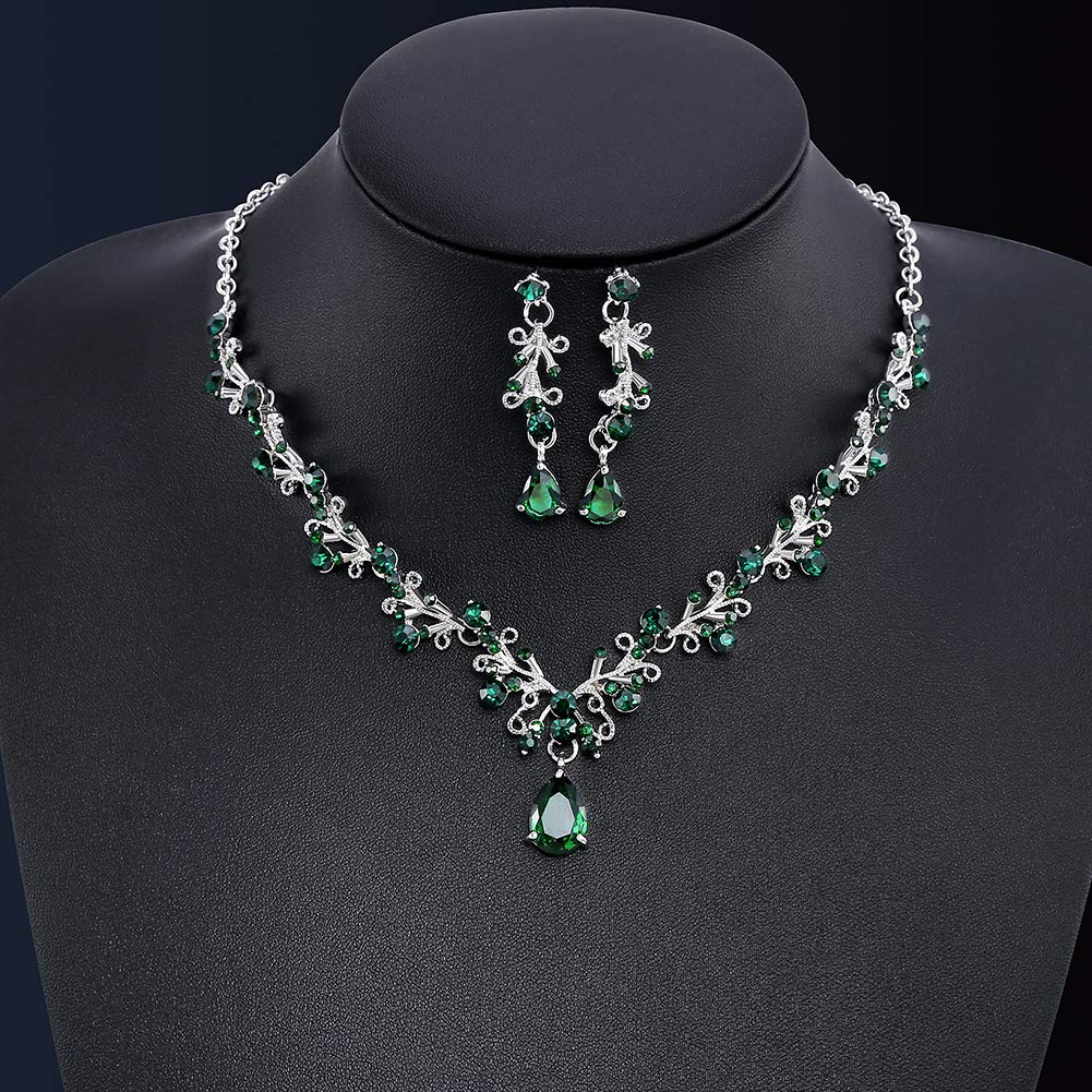 LILIE&WHITE Green Crystal and CZ Prom Jewelry Set with Necklace and Earrings for Women