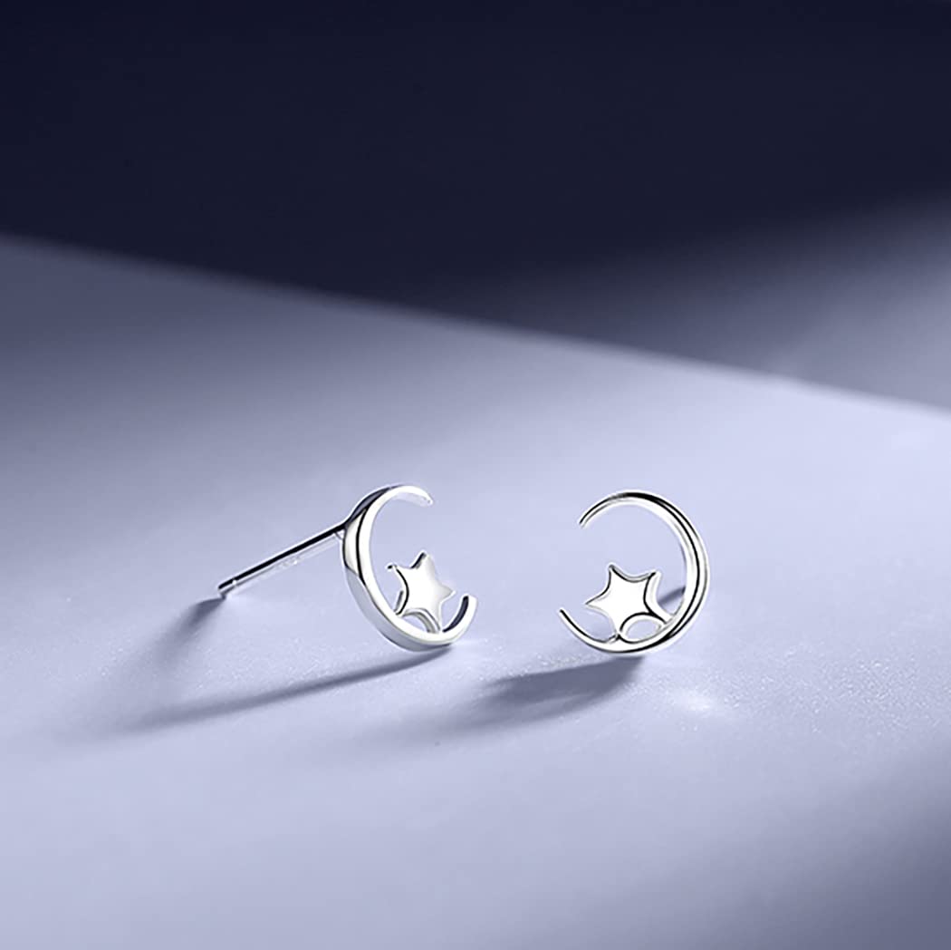 FarryDream Genuine 925 Sterling Silver Star Moon Studs Earrings for Women Christmas Gifts