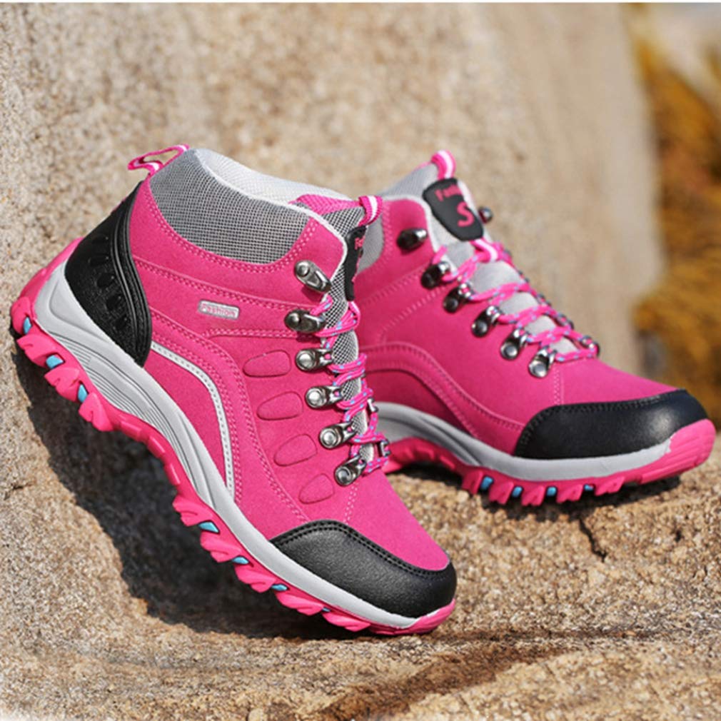 Women's Waterproof Hiking Boots Outdoor Running Trail Hiker High-top Non-Slip Casual Climbing Shoes Rose Red