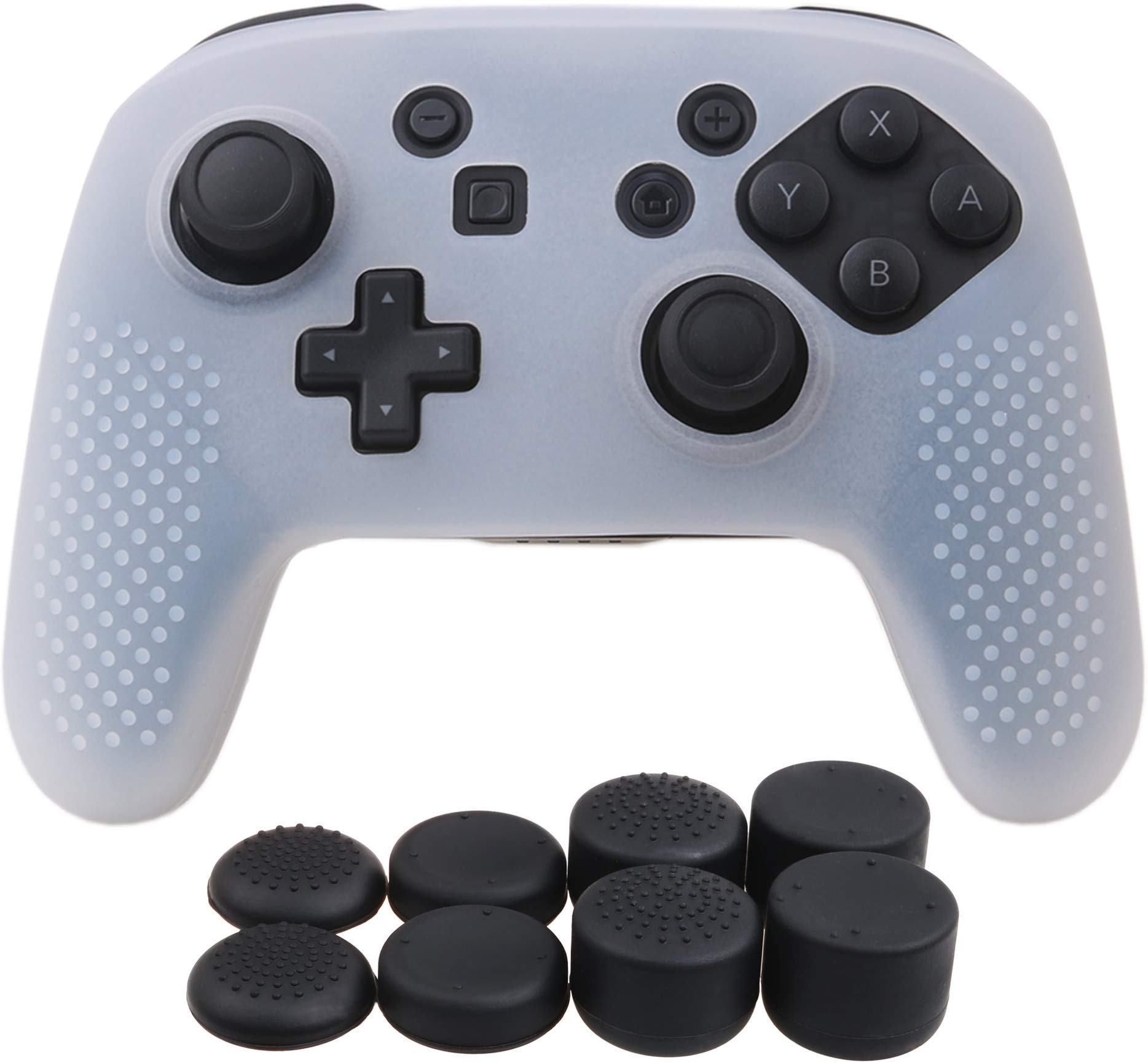 Silicone Gel Rubber Protector Protective Skin Case Cover + 8PCS Joystick Grips Analog Stick Caps for Nintendo Switch Pro Controller (White)