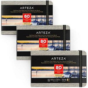 arteza watercolor book, pack of 3, 80 pages each, 3.5x5.5 inch watercolor notebook, 110lb/230gsm water color paper